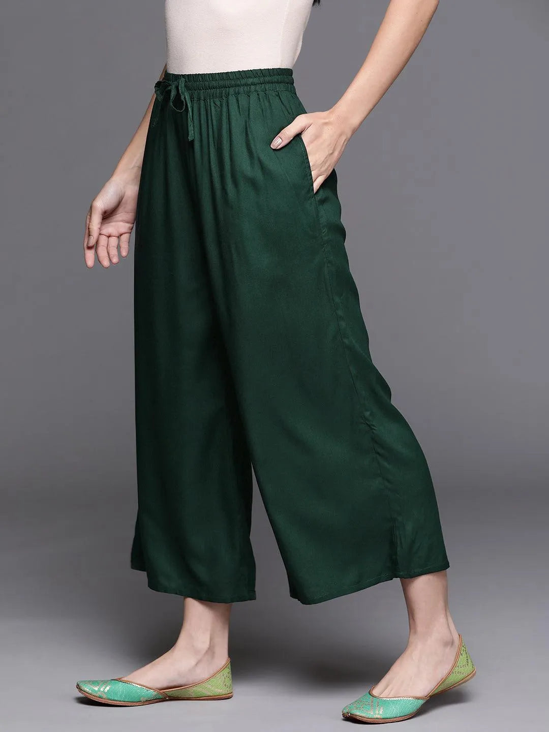 Green Solid Rayon Palazzos - Libas 