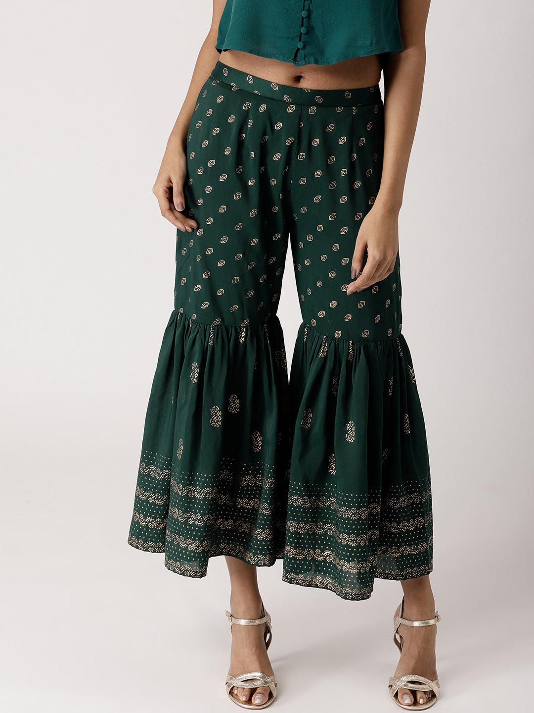Green Solid Rayon Sharara Pants