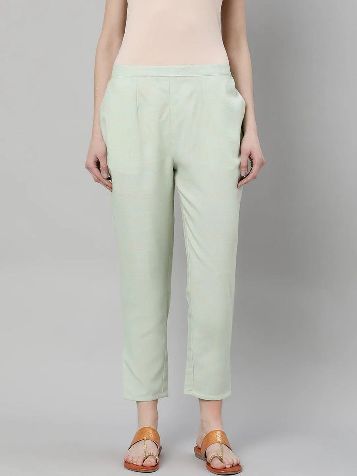 Green Solid Rayon Trousers - Libas