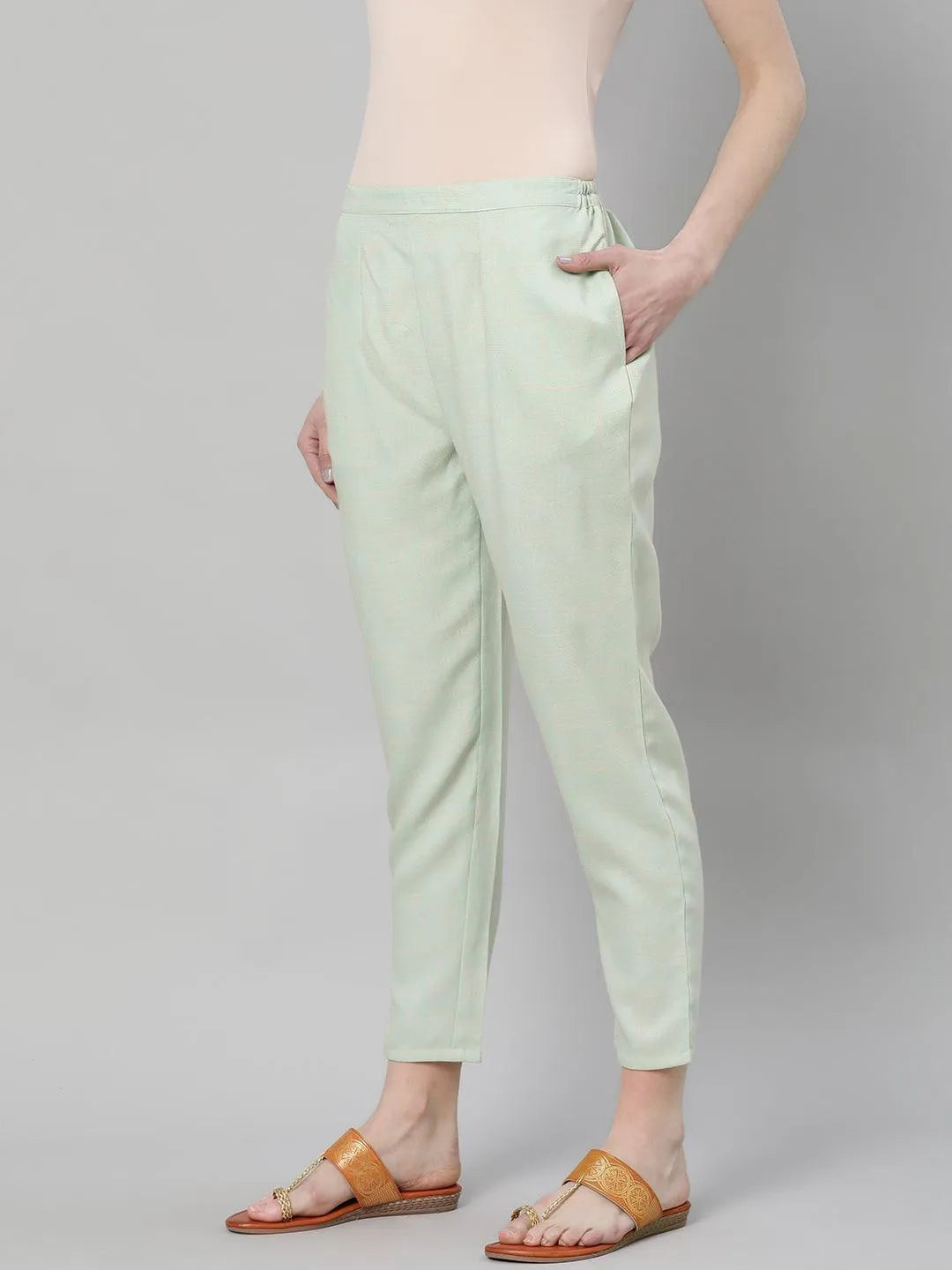 Green Solid Rayon Trousers - Libas