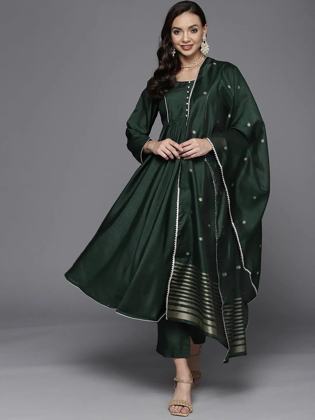 Green Solid Silk Blend Suit Set - Libas