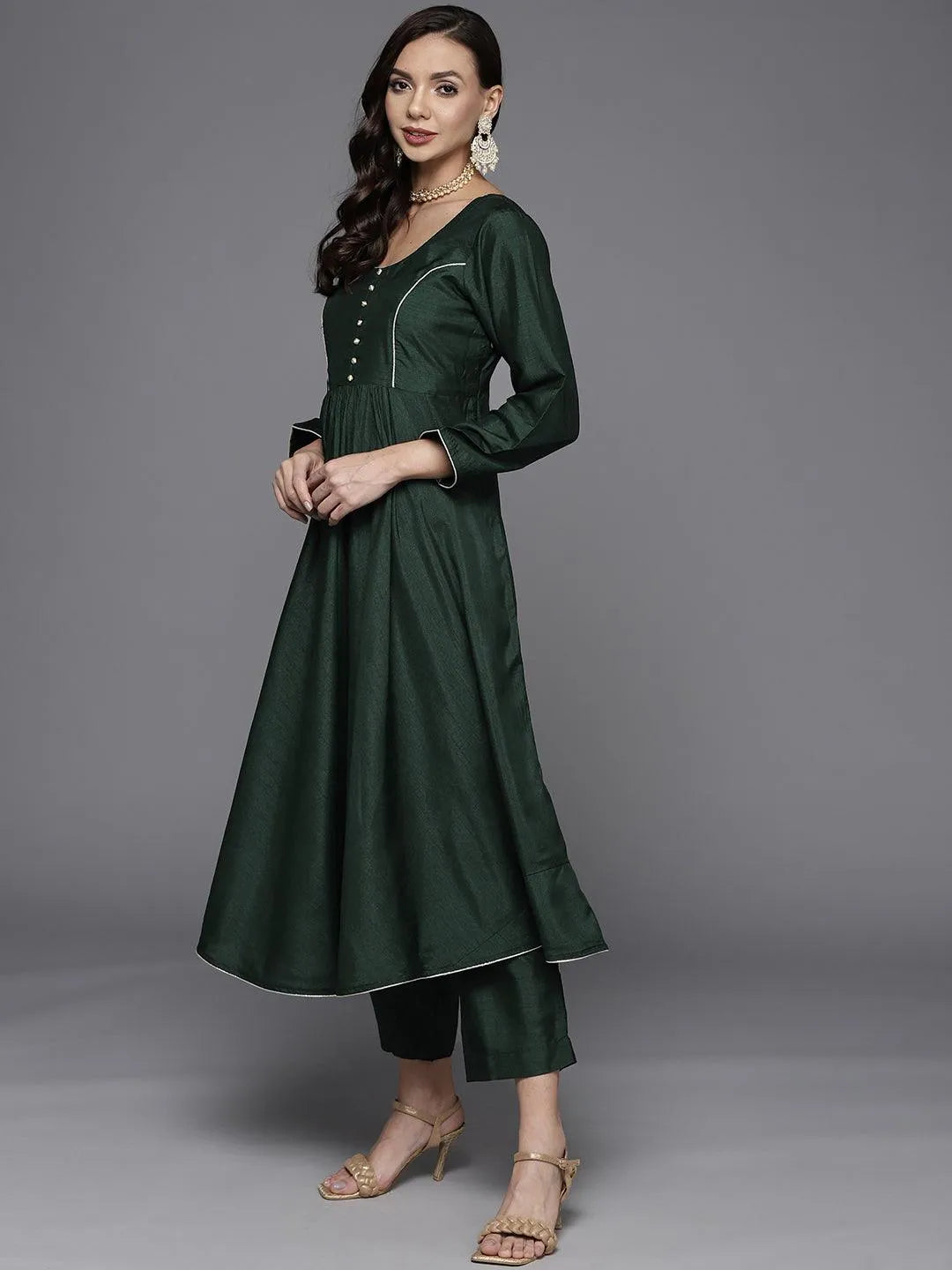 Green Solid Silk Blend Suit Set - Libas 