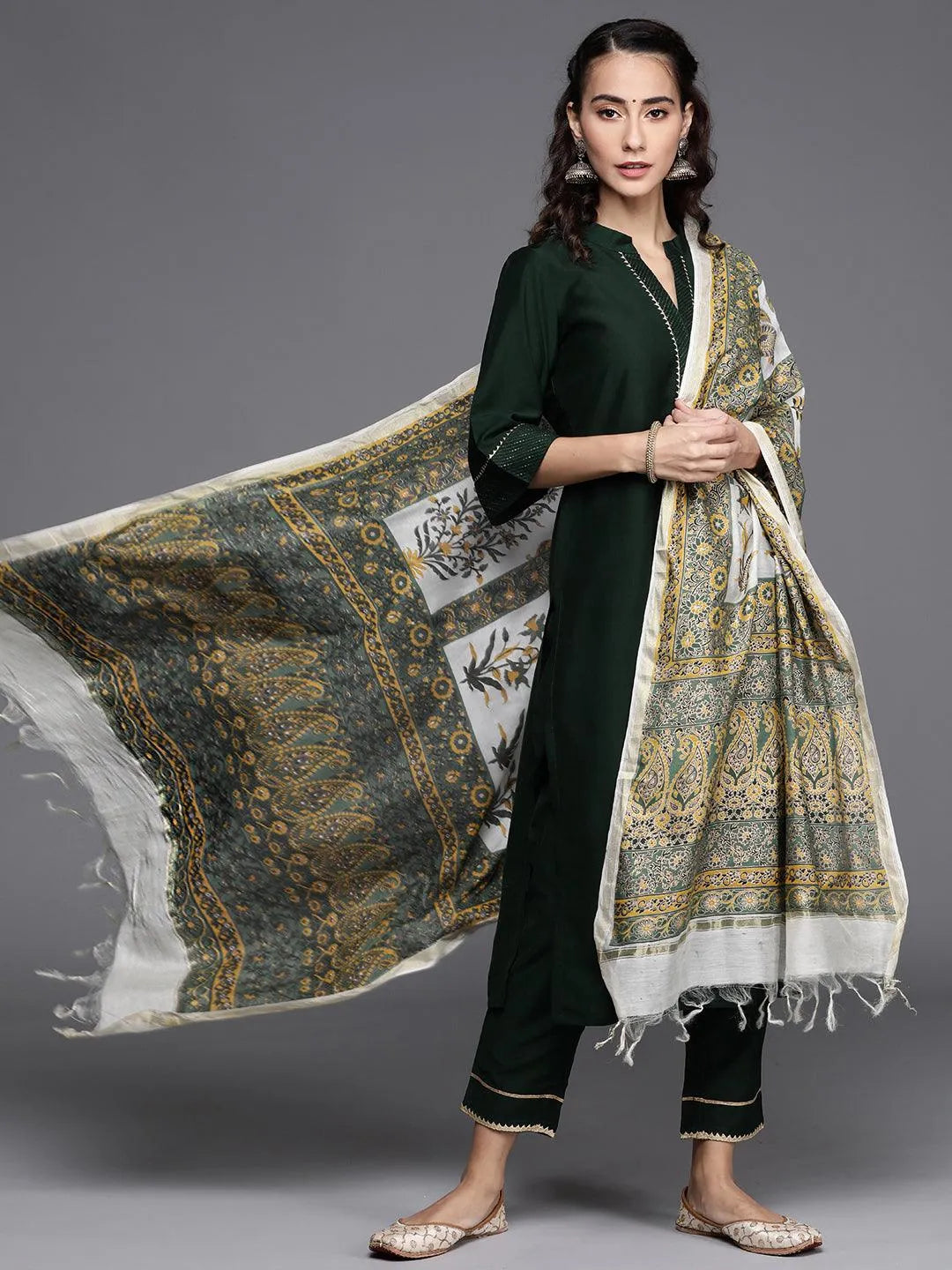 Green Solid Silk Blend Suit Set - Libas