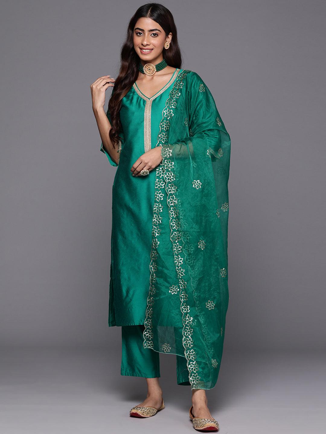 Green Solid Silk Blend Straight Kurta With Trousers & Dupatta - Libas