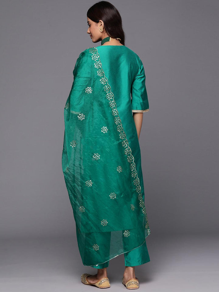 Green Solid Silk Blend Straight Kurta With Trousers & Dupatta - Libas