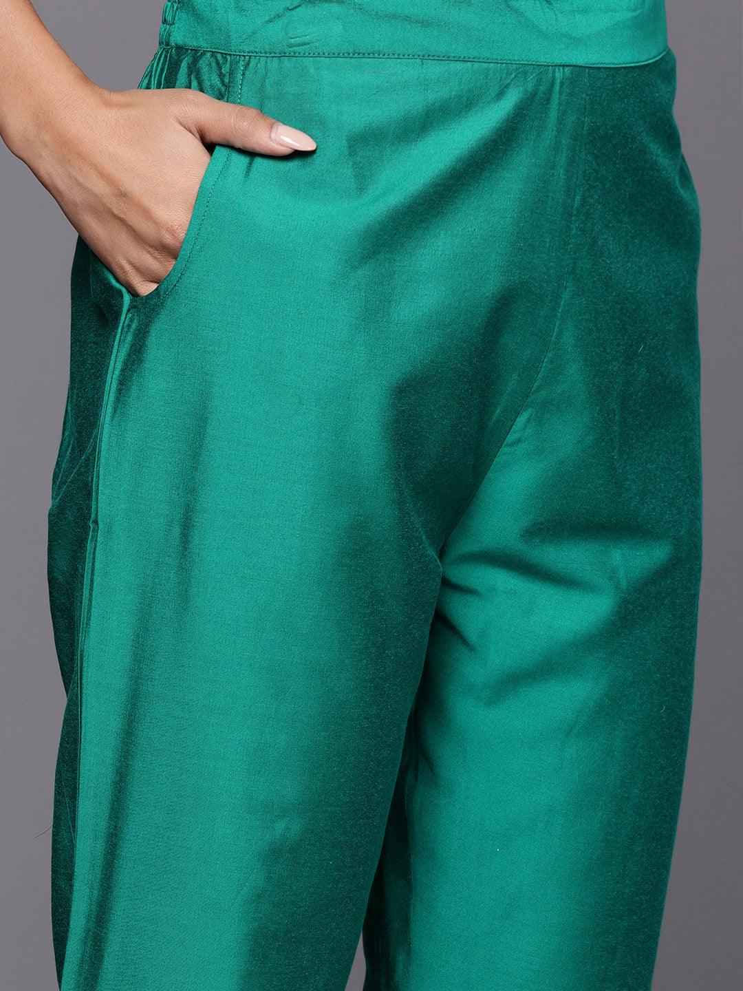 Green Solid Silk Blend Straight Kurta With Trousers & Dupatta - Libas