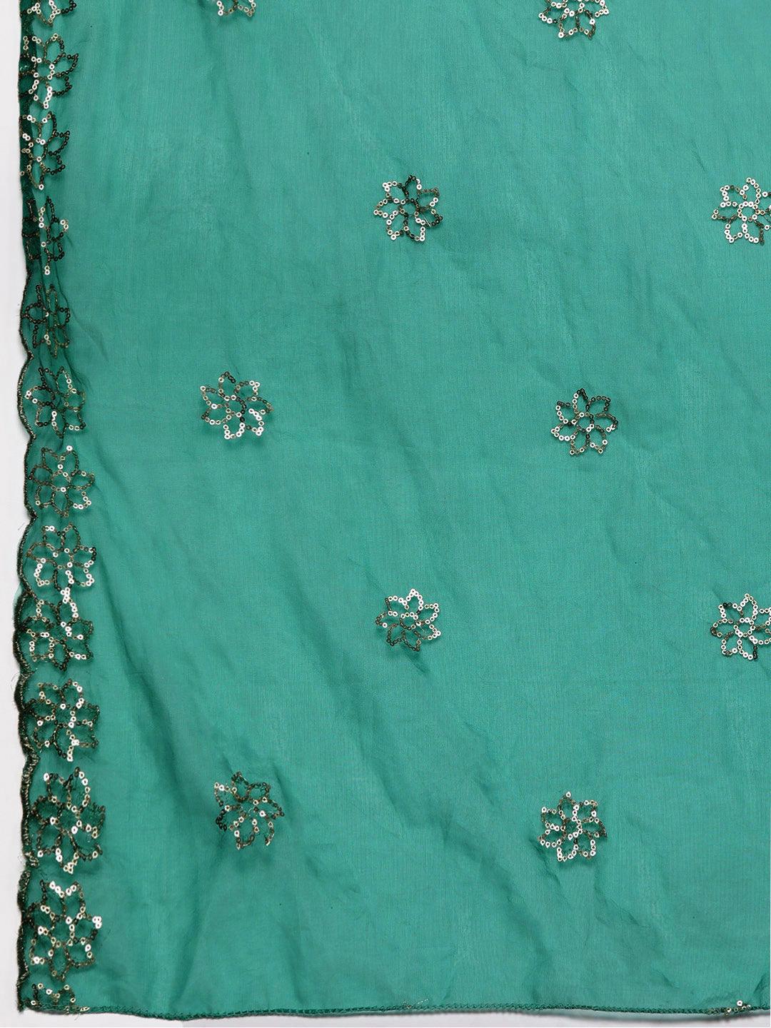 Green Solid Silk Blend Straight Kurta With Trousers & Dupatta - Libas