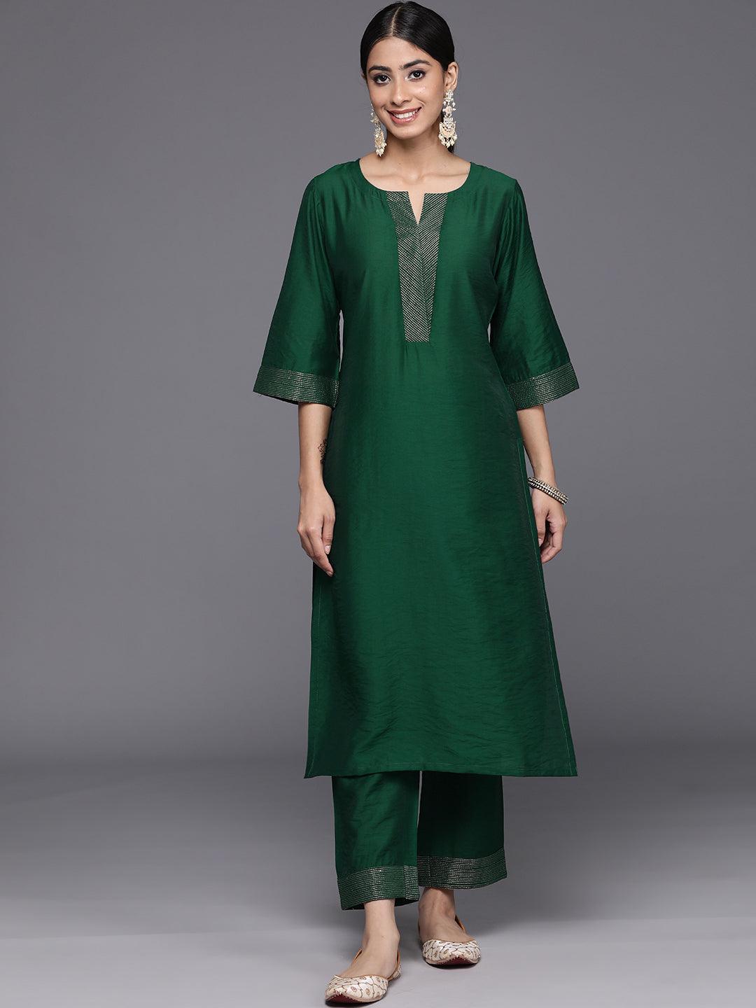 Green Solid Silk Blend Straight Kurta With Trousers & Dupatta - Libas