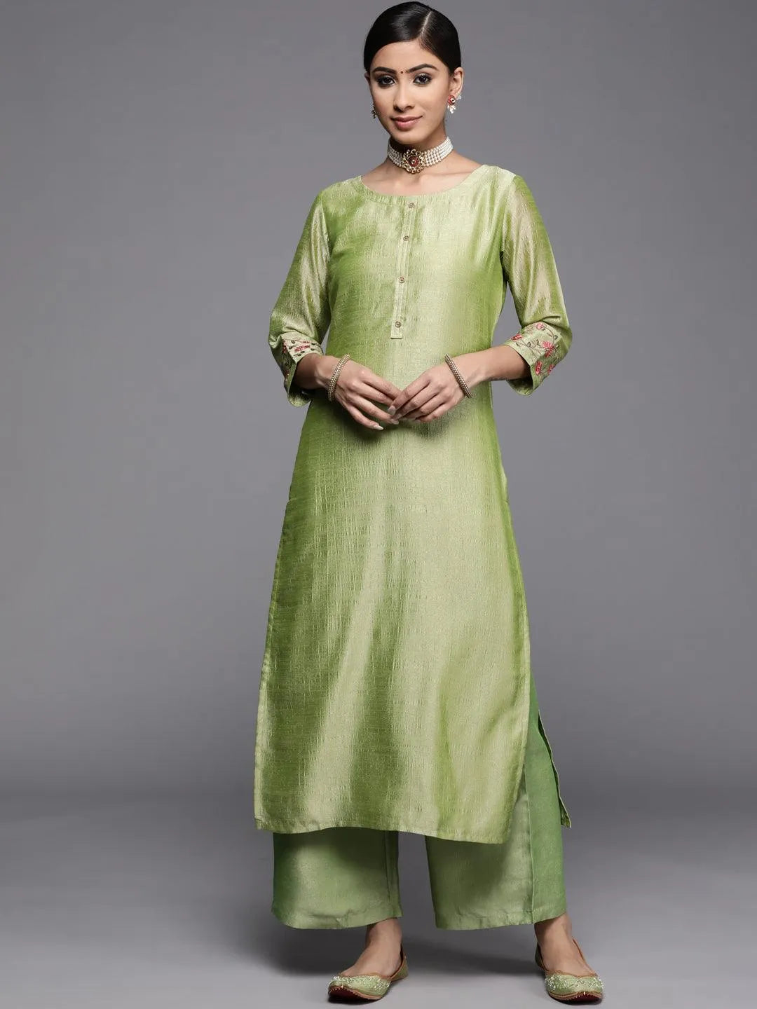 Green Solid Silk Kurta - Libas 