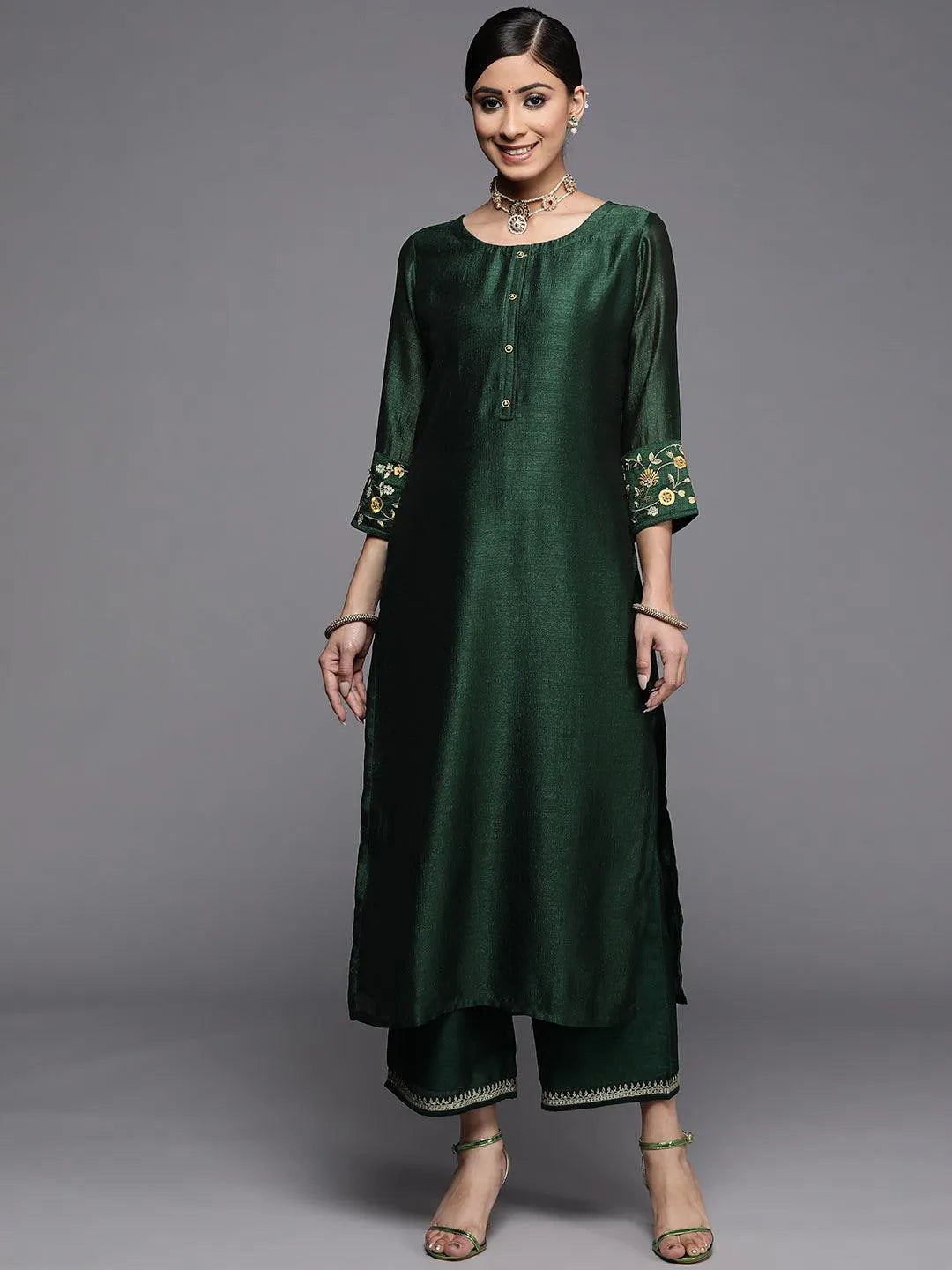 Green Solid Silk Kurta - Libas 