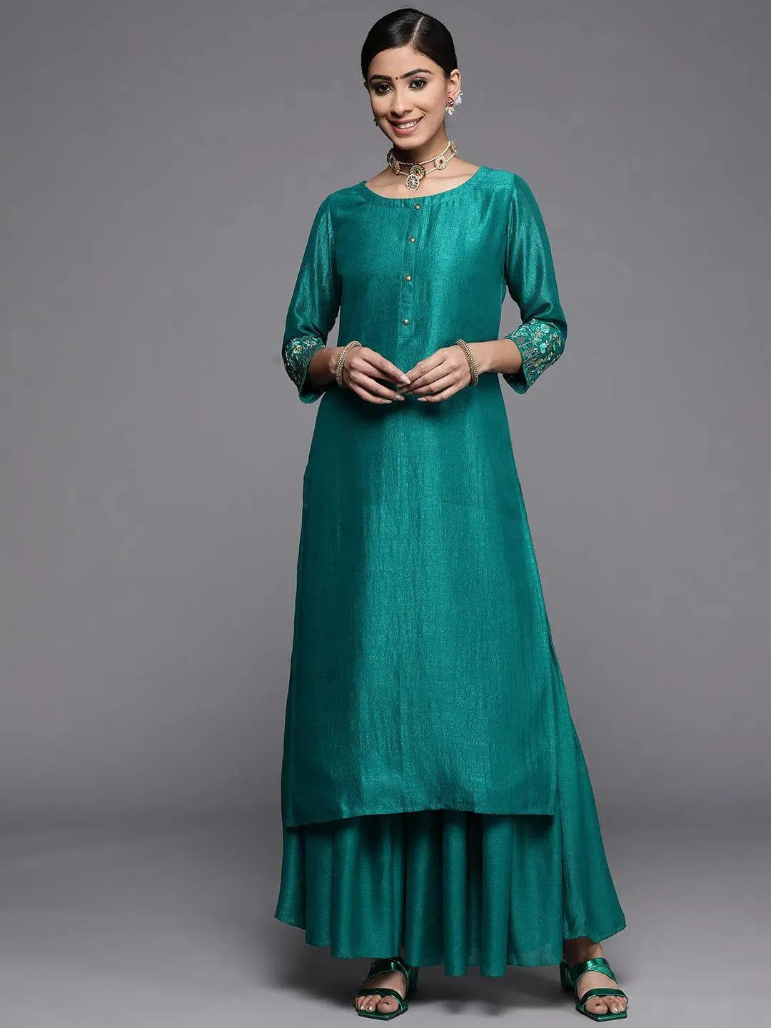 Green Solid Silk Kurta - Libas 