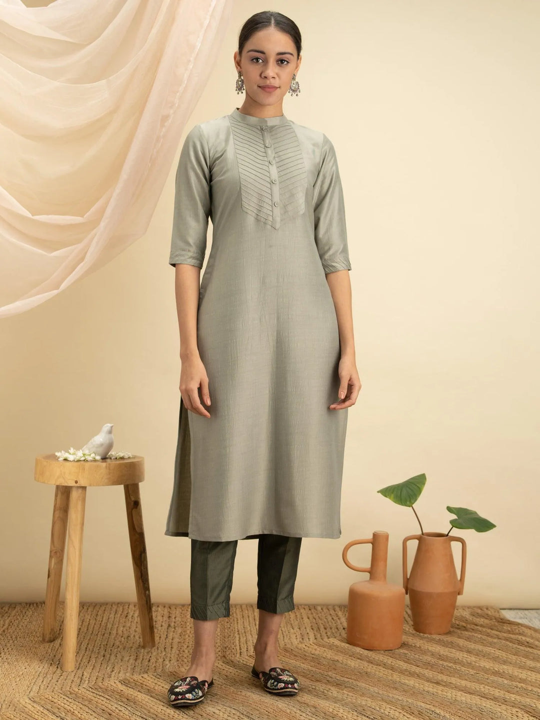 Green Solid Silk Kurta - Libas 