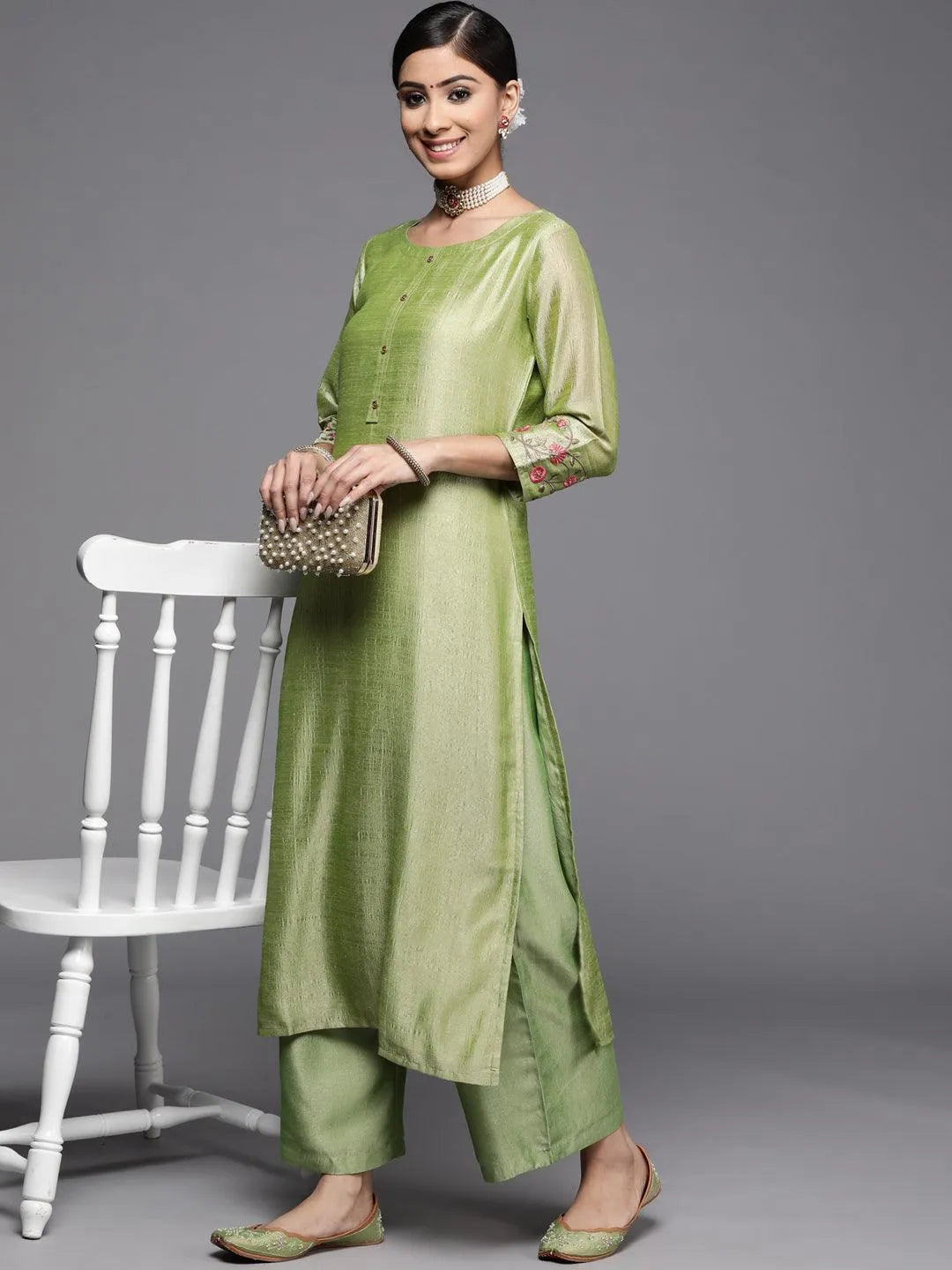 Green Solid Silk Kurta - Libas