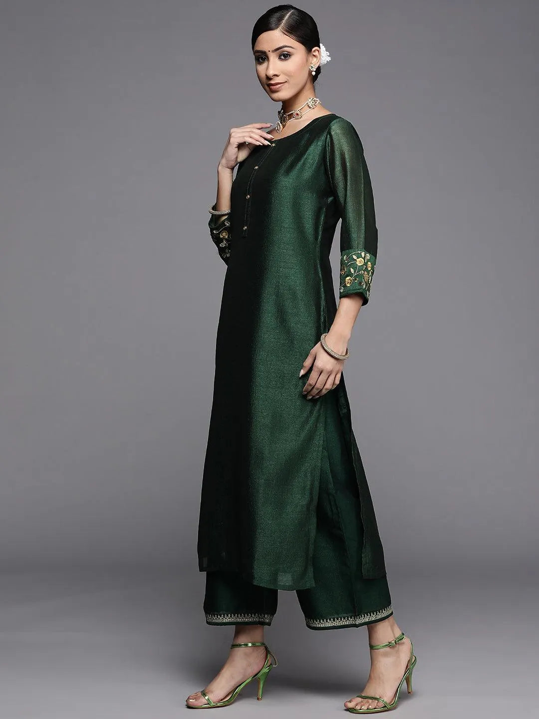 Green Solid Silk Kurta - Libas 