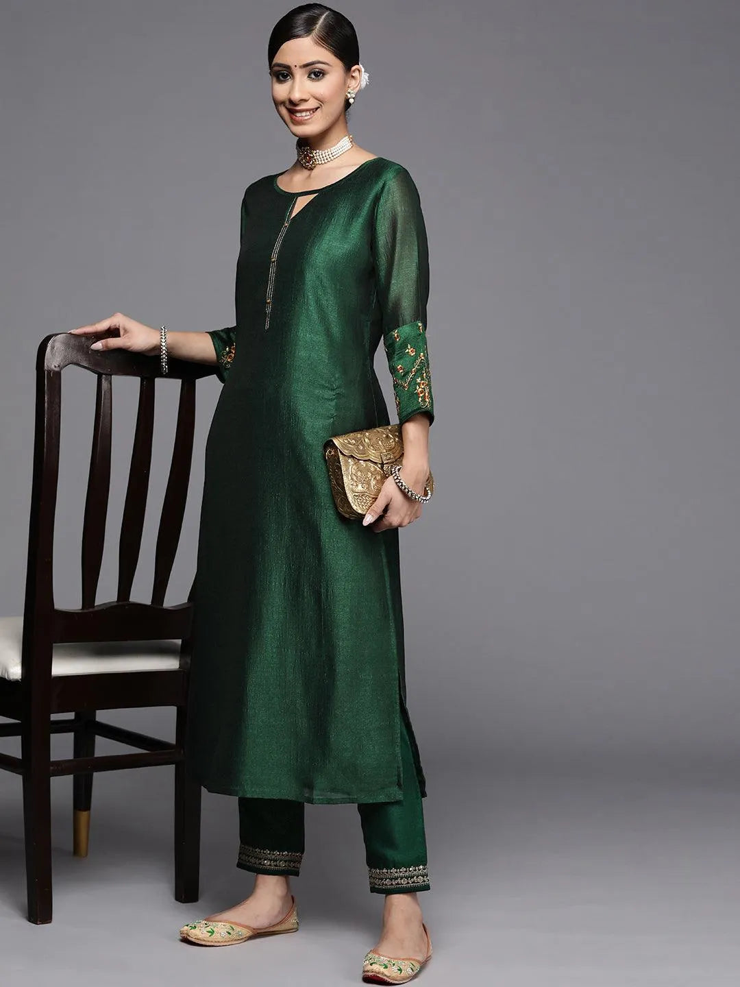 Green Solid Silk Kurta - Libas