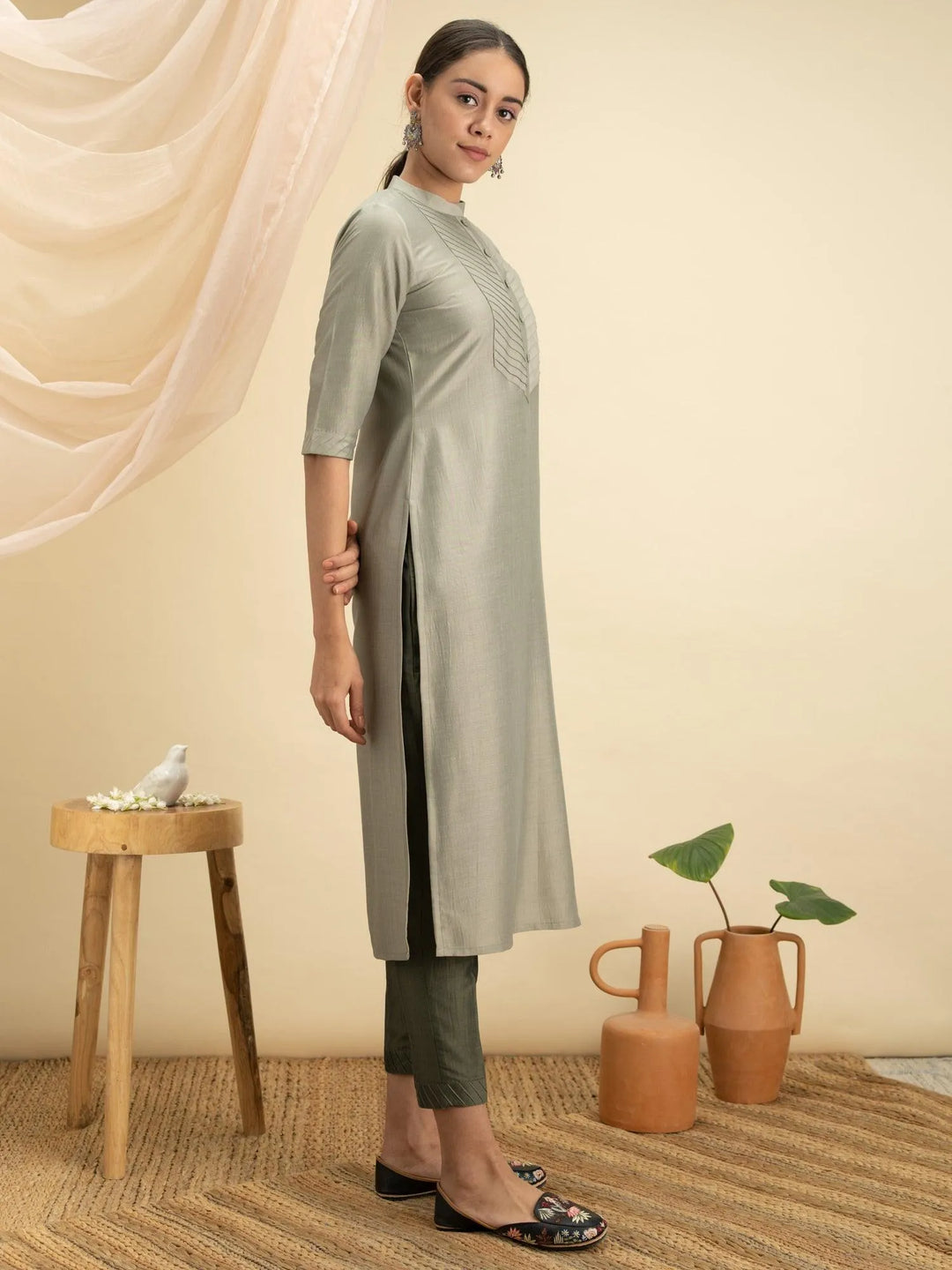 Green Solid Silk Kurta - Libas 