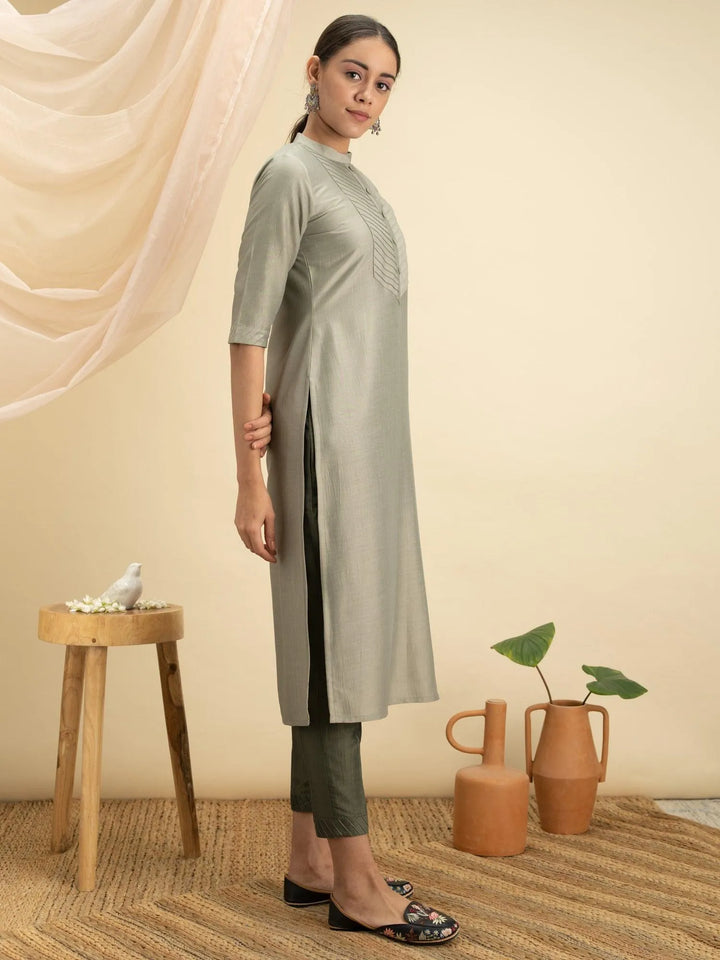 Green Solid Silk Kurta - Libas