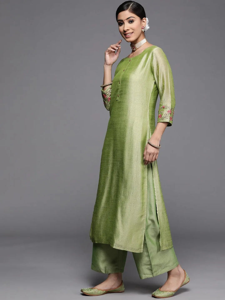 Green Solid Silk Kurta - Libas