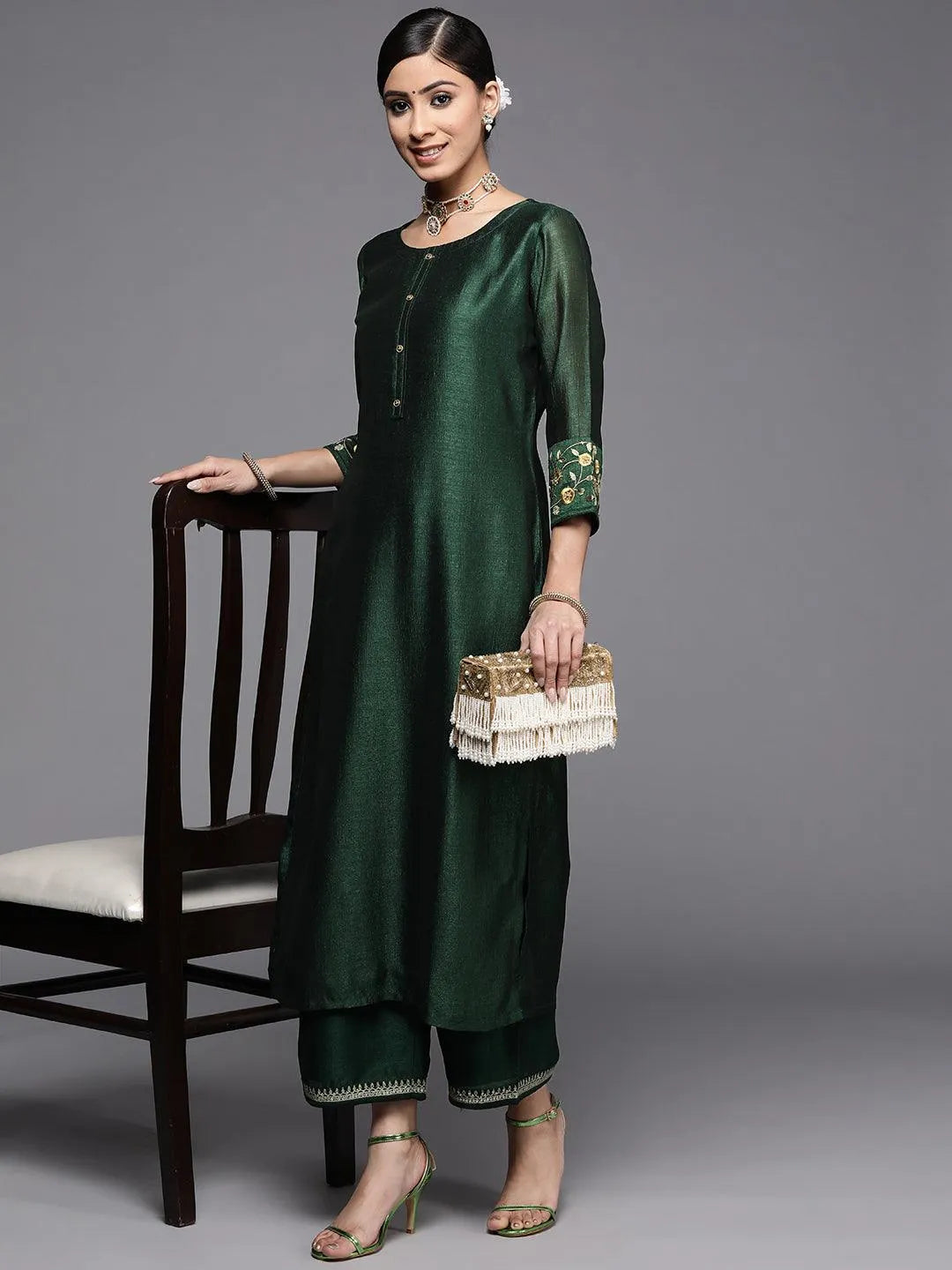 Green Solid Silk Kurta - Libas 