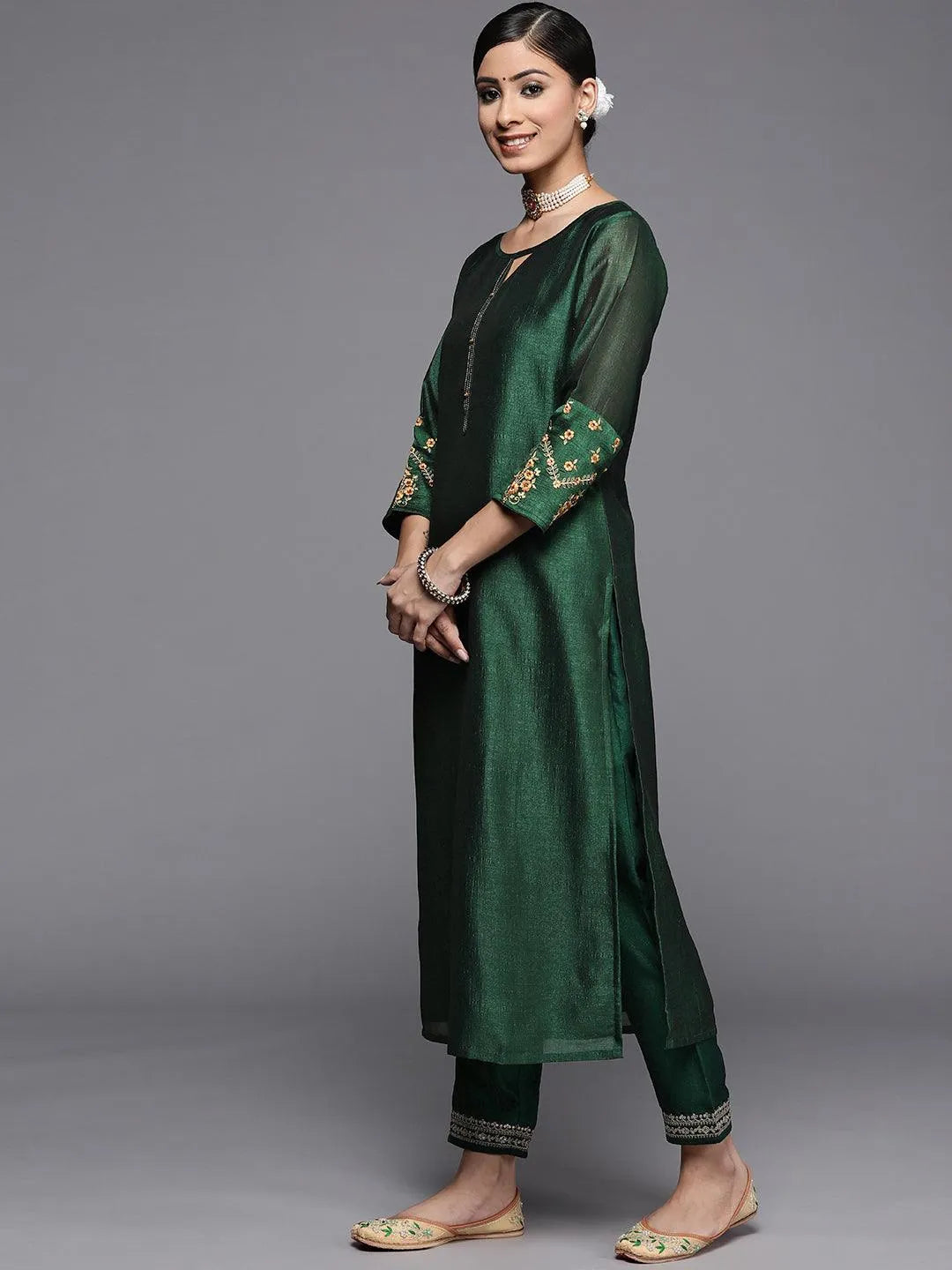 Green Solid Silk Kurta - Libas 