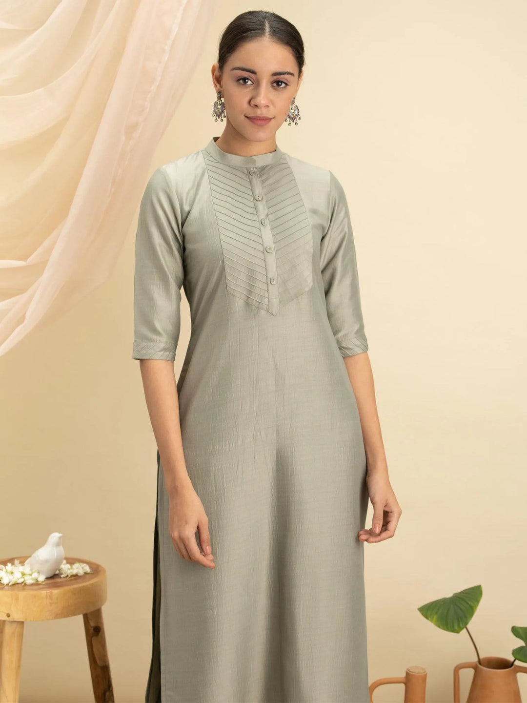 Green Solid Silk Kurta - Libas 