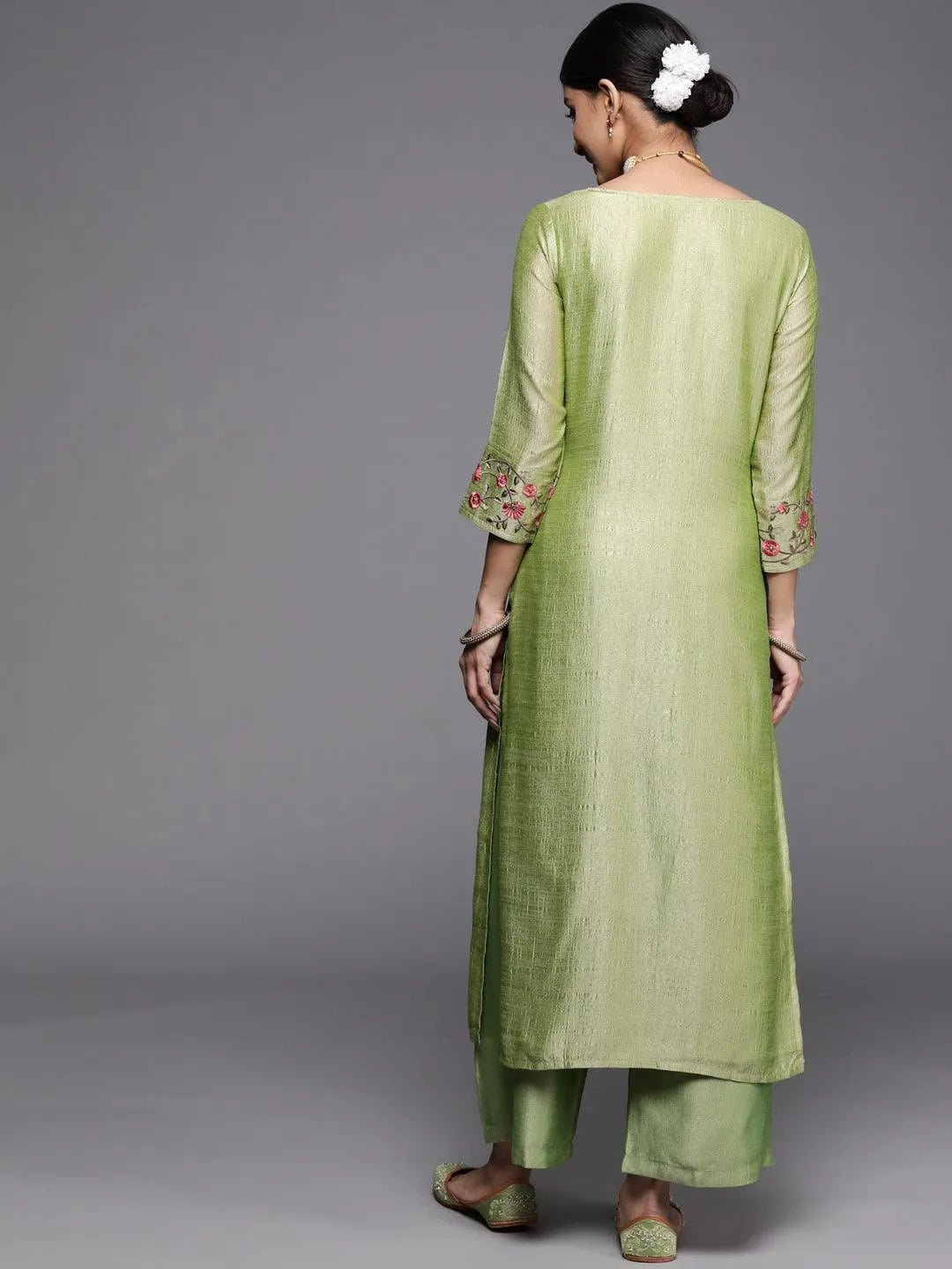 Green Solid Silk Kurta - Libas 