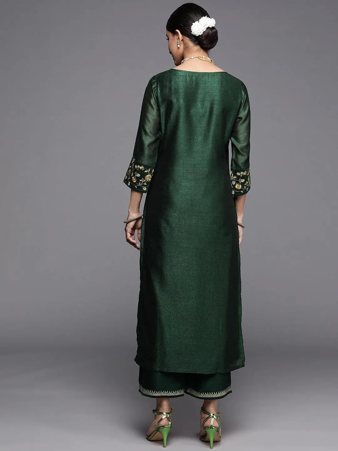 Green Solid Silk Kurta - Libas