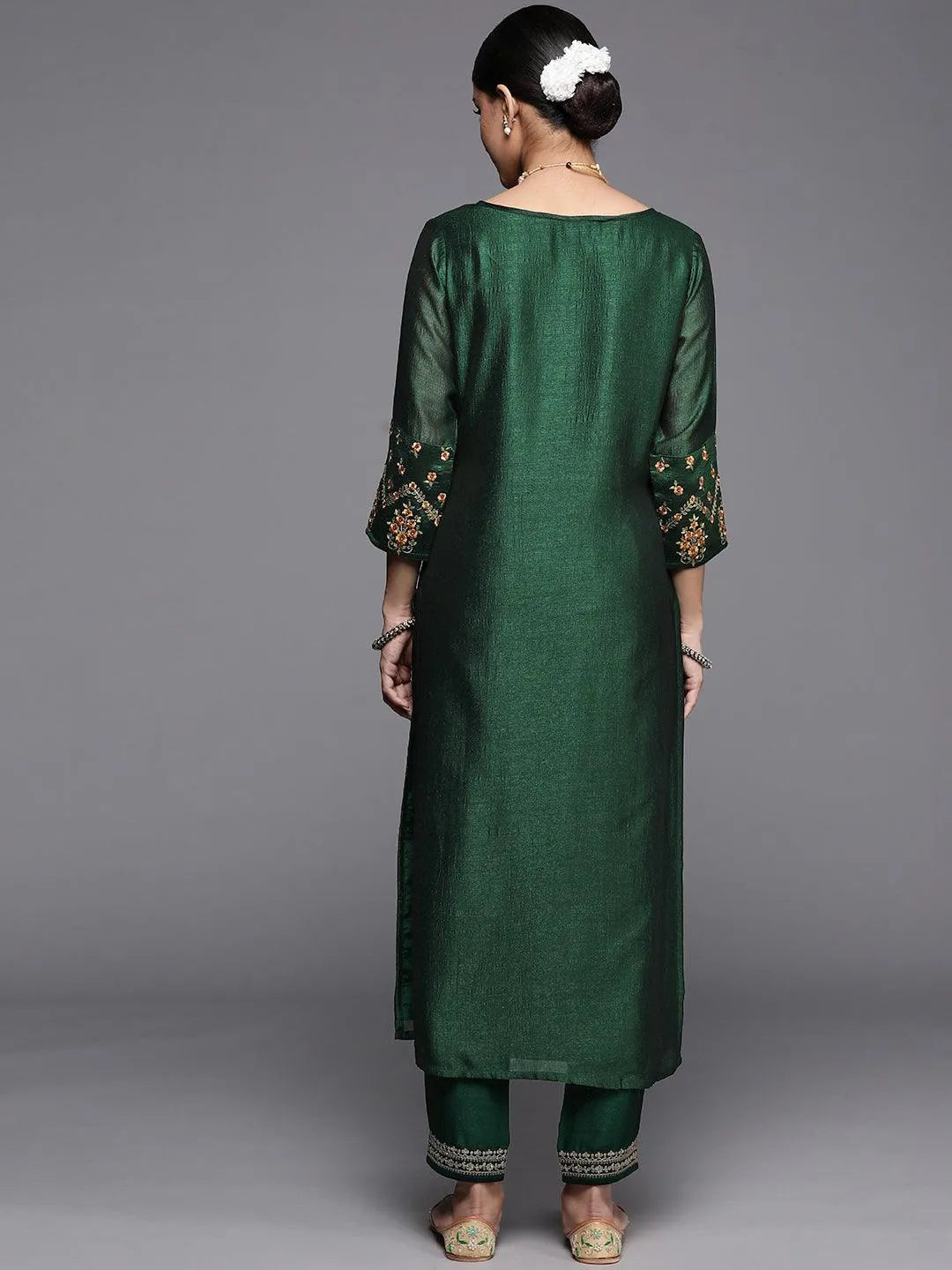 Green Solid Silk Kurta - Libas 