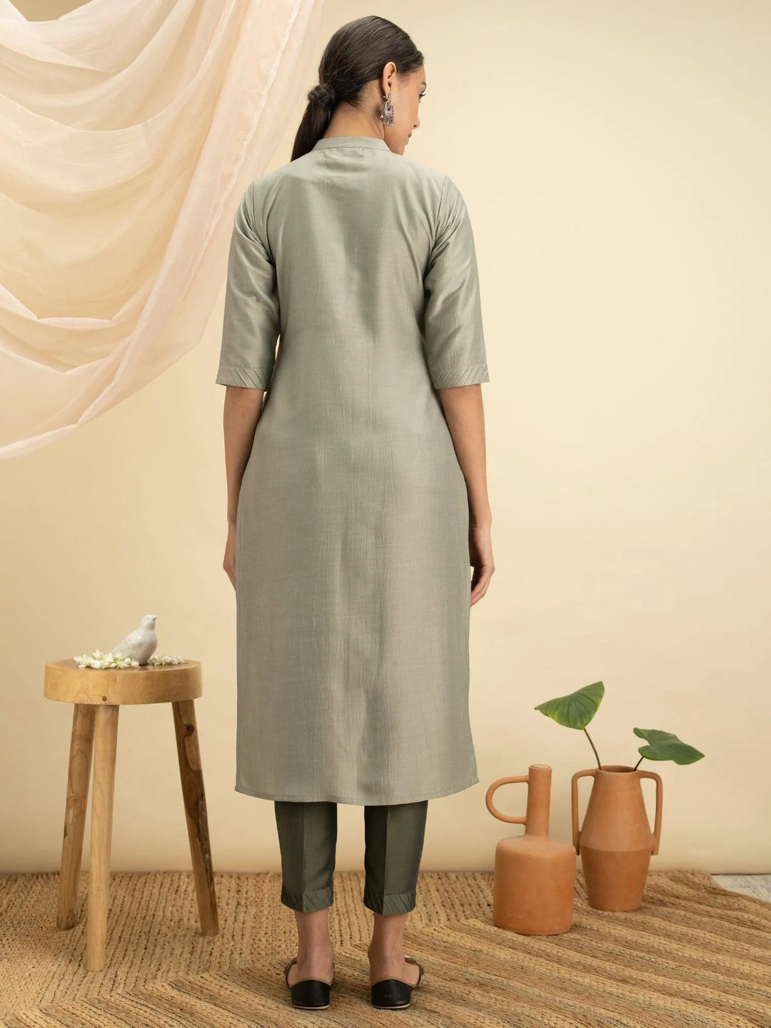 Green Solid Silk Kurta - Libas 