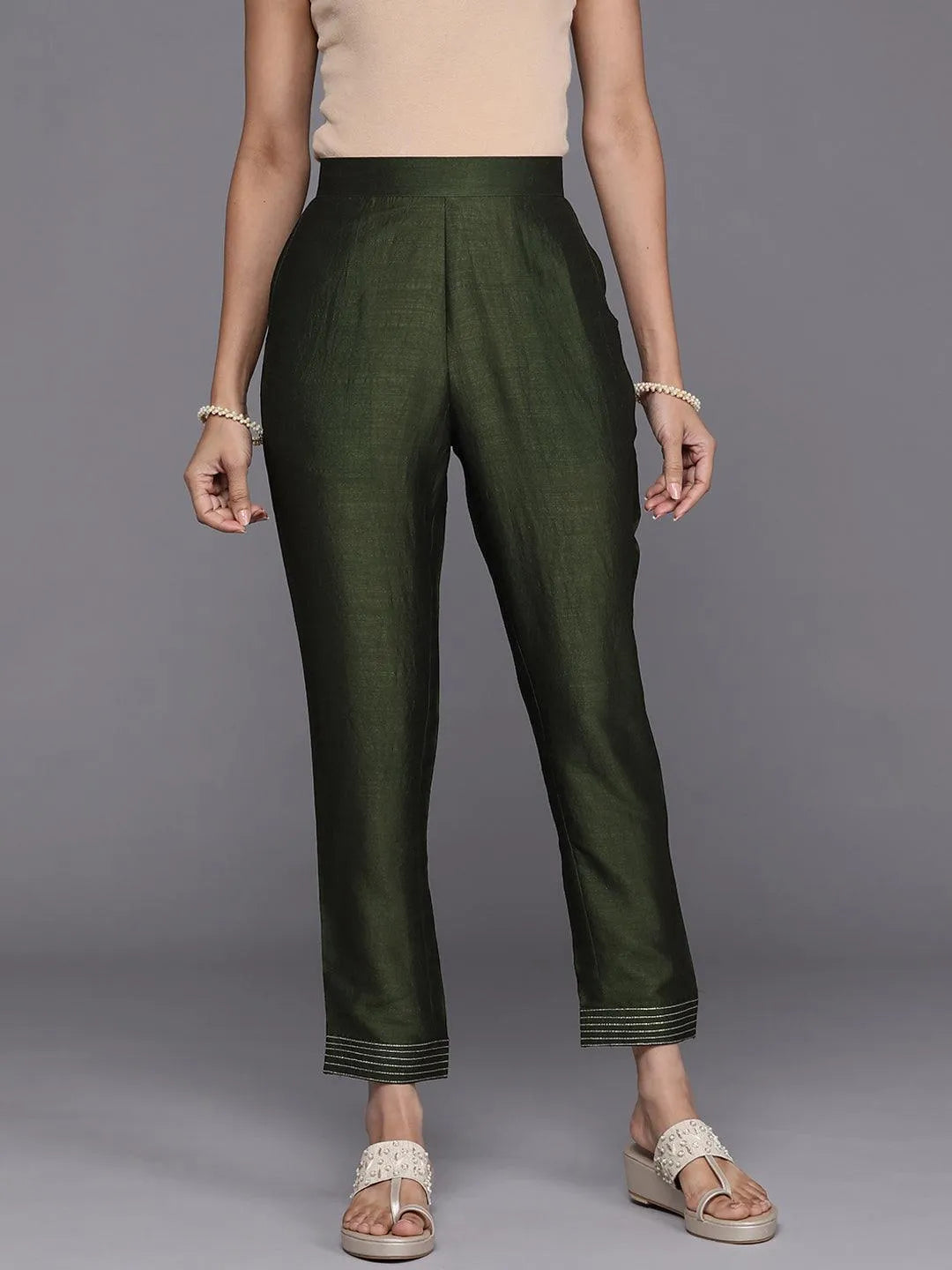 Green Solid Silk Trousers - Libas