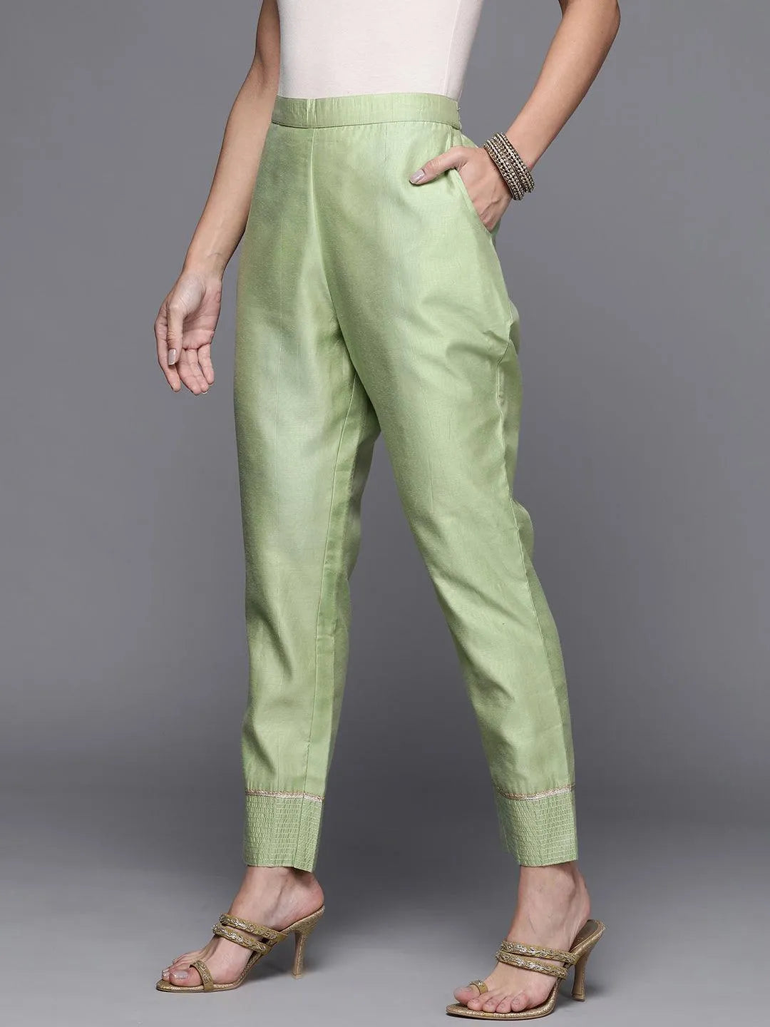 Green Solid Silk Trousers - Libas