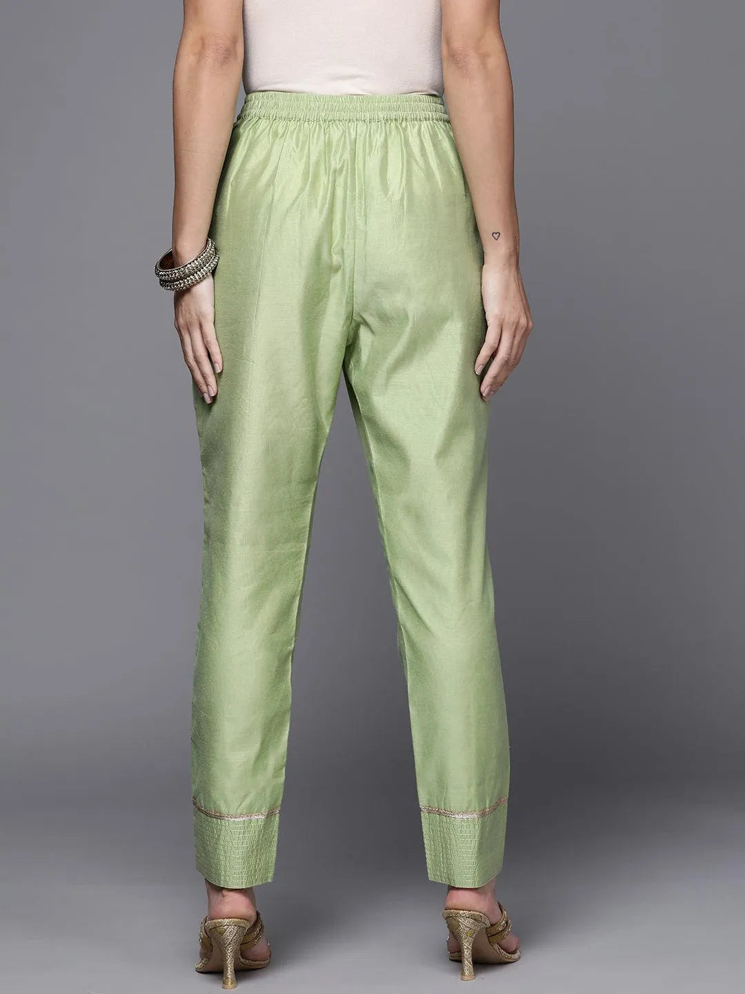 Green Solid Silk Trousers - Libas