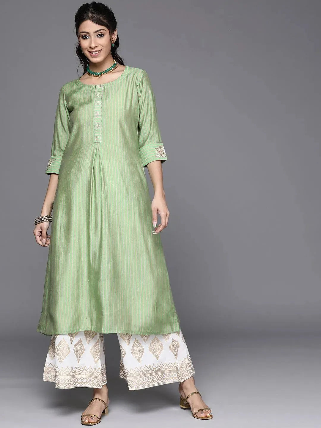 

Buy Green Striped Chanderi Silk Kurta - 23113O- | Libas Ethnic Wear Online