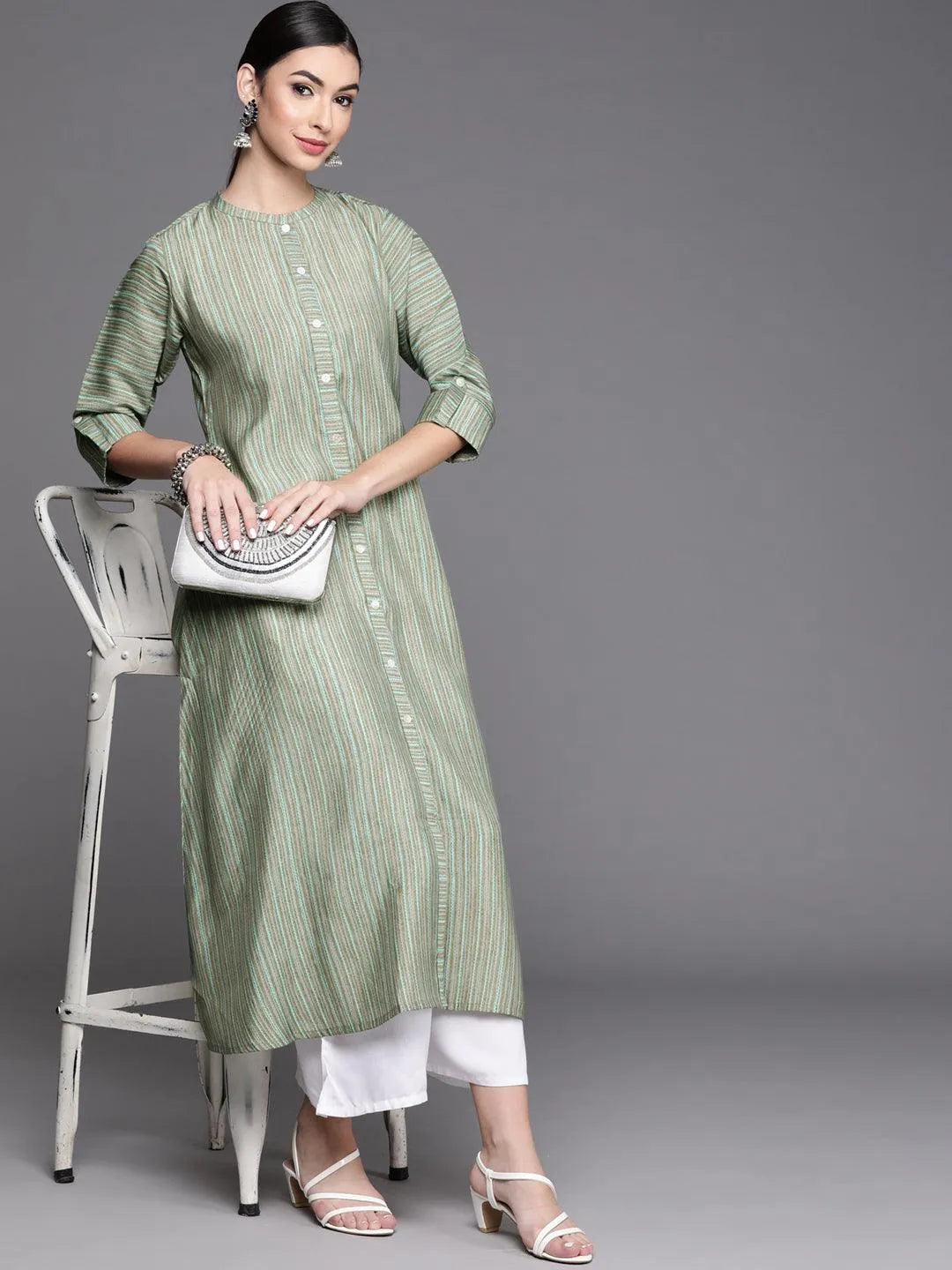 Green Striped Chanderi Silk Kurta - Libas