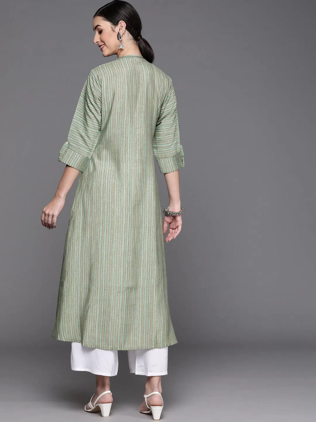 Green Striped Chanderi Silk Kurta - Libas