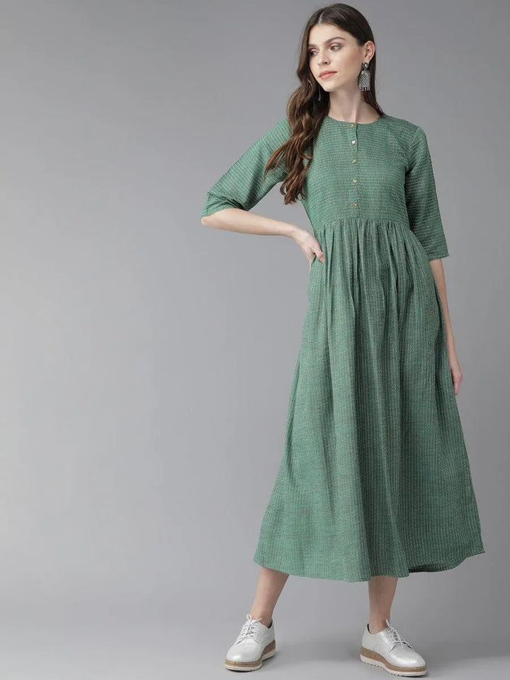 Green Striped Cotton Dress - Libas