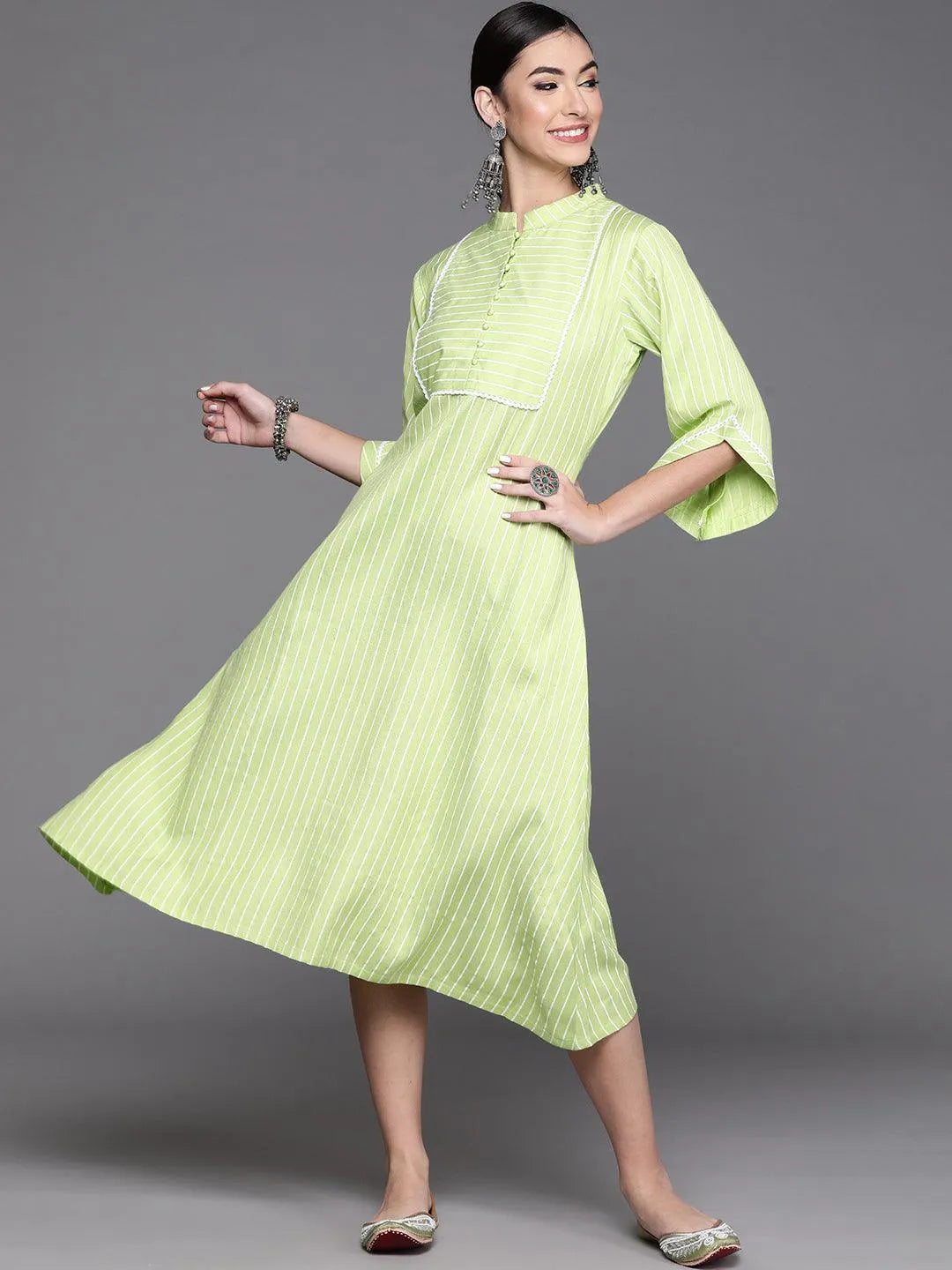 Green Striped Cotton Dress - Libas 