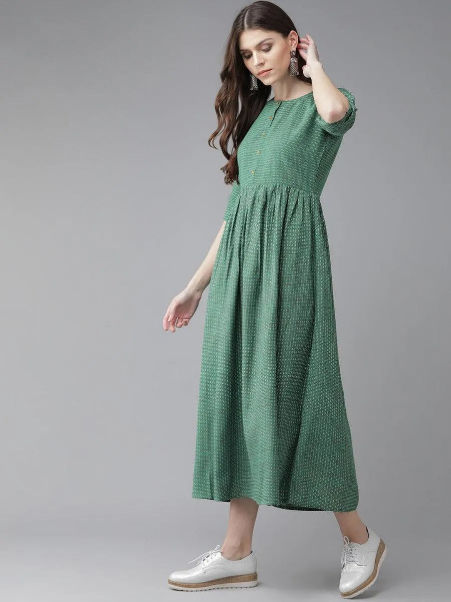 Green Striped Cotton Dress - Libas 