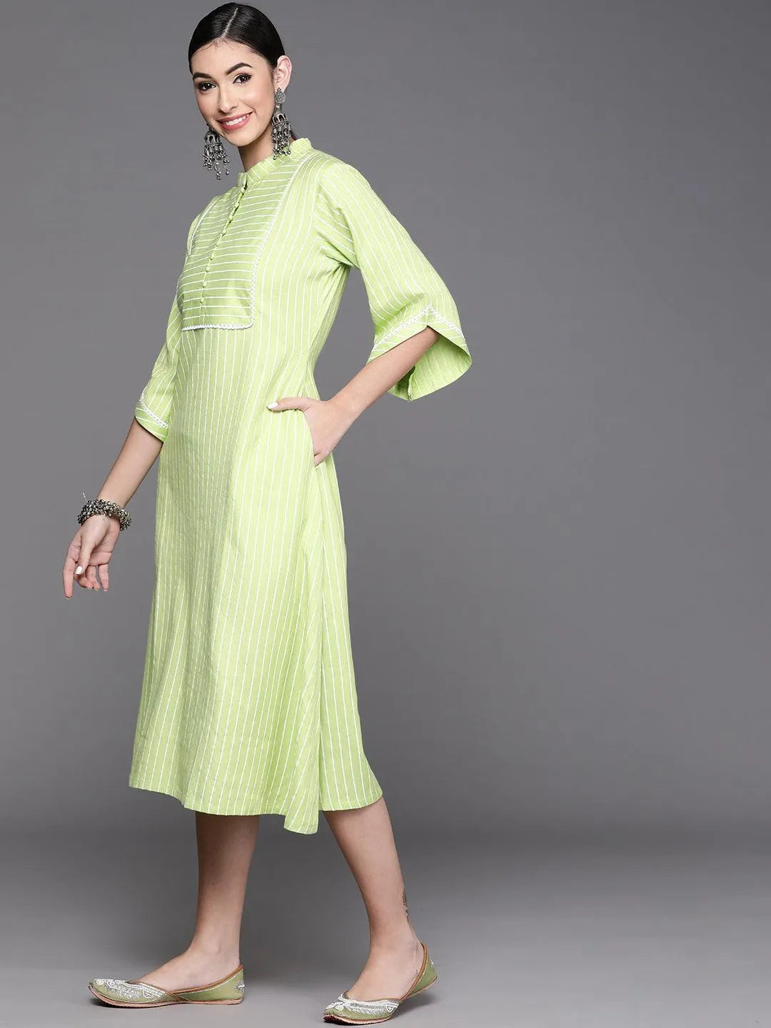 Green Striped Cotton Dress - Libas