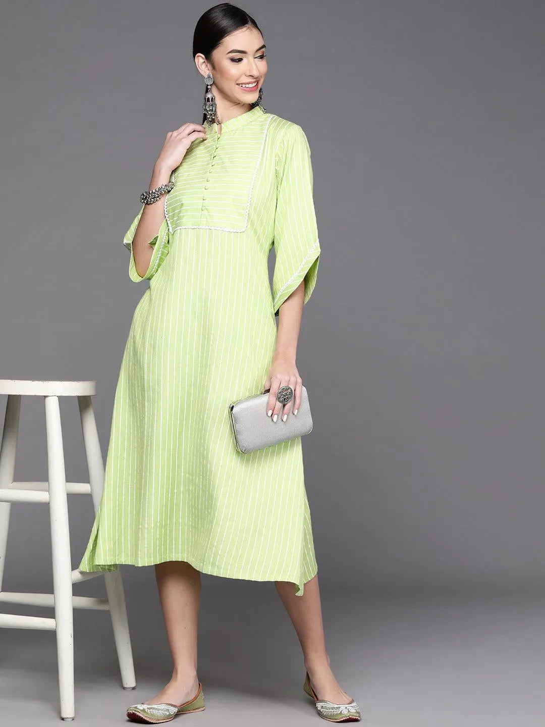 Green Striped Cotton Dress - Libas