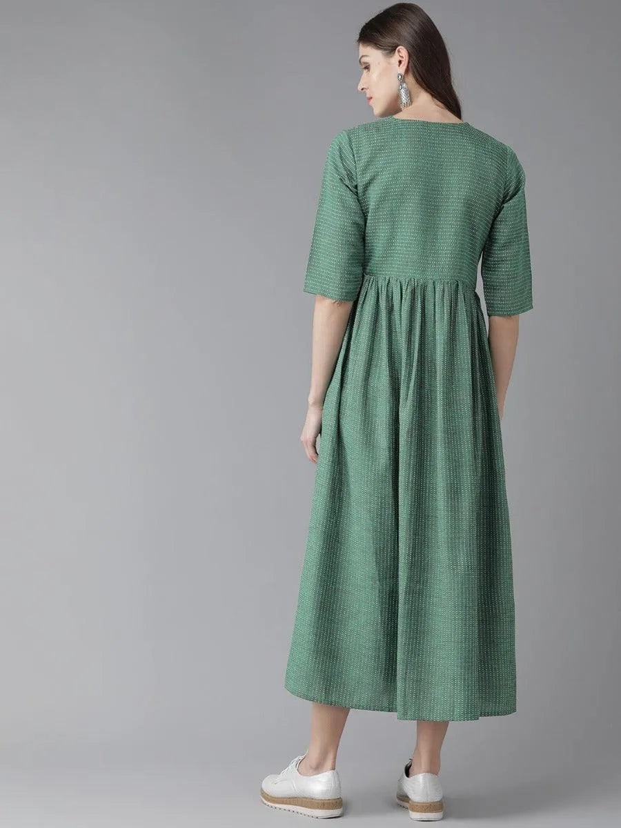 Green Striped Cotton Dress - Libas 