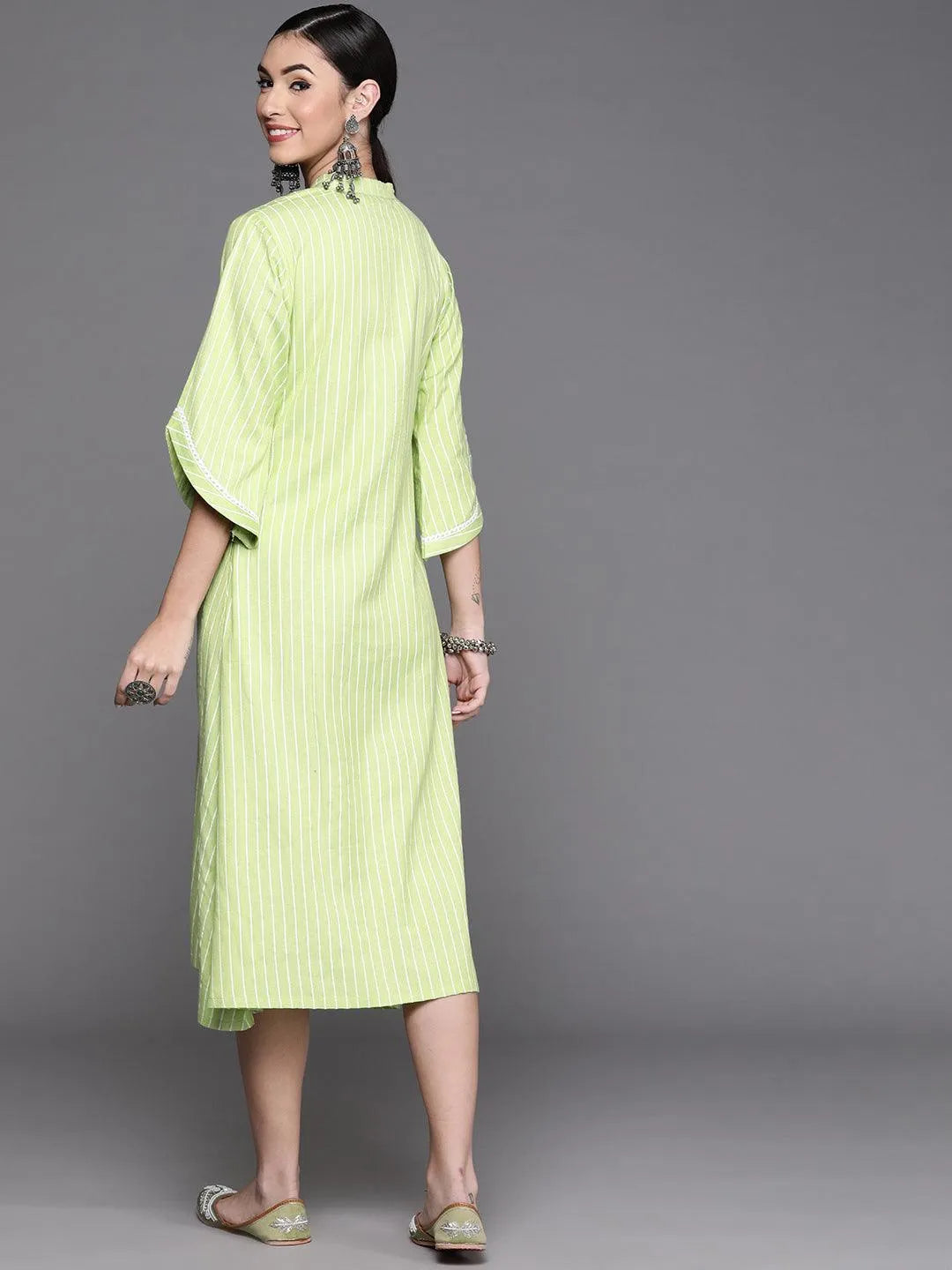 Green Striped Cotton Dress - Libas