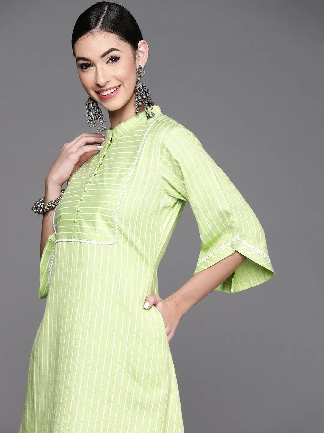 Green Striped Cotton Dress - Libas