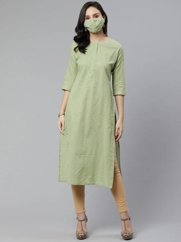 Green Striped Cotton Kurta - Libas