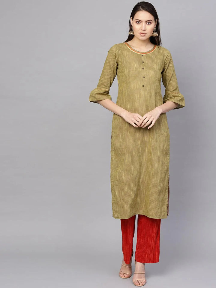 Green Striped Cotton Kurta - Libas