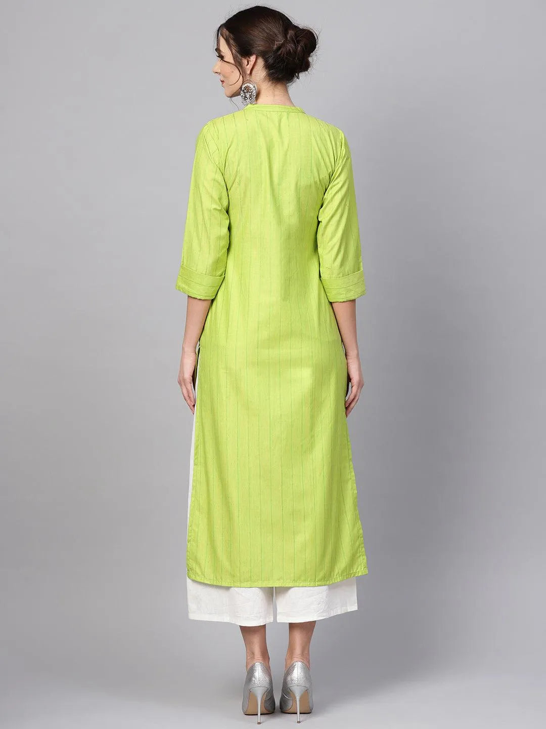 Green Striped Cotton Kurta - Libas