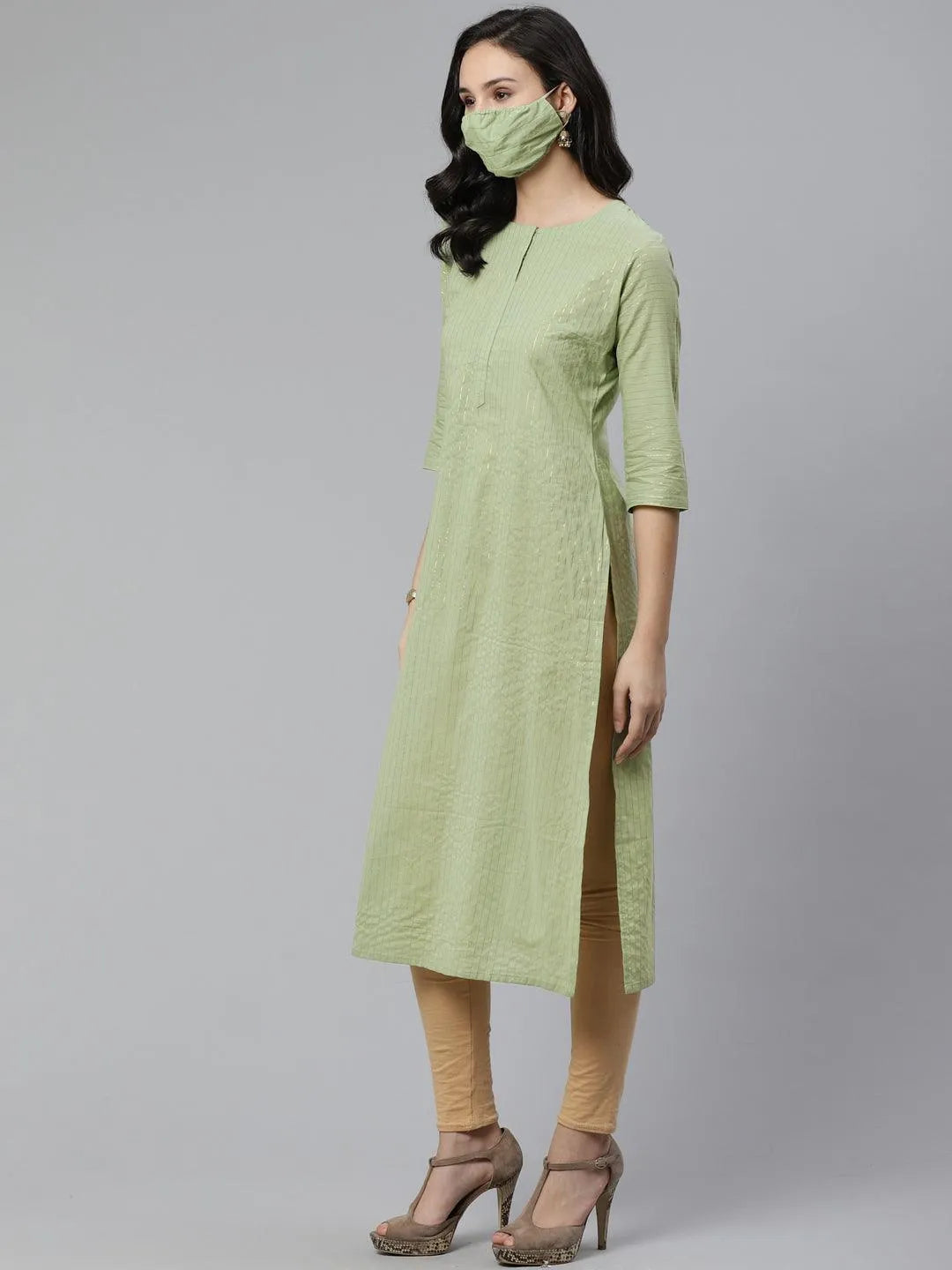 Green Striped Cotton Kurta - Libas