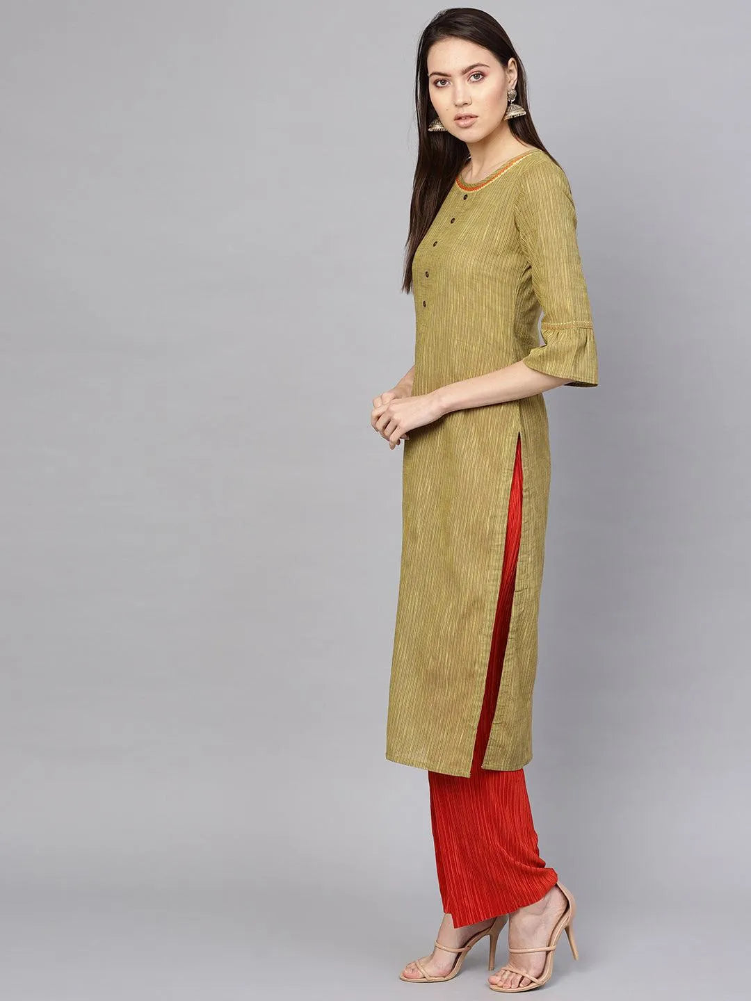 Green Striped Cotton Kurta - Libas