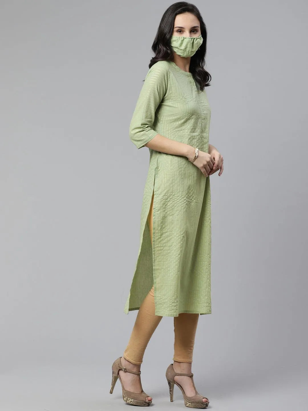 Green Striped Cotton Kurta - Libas