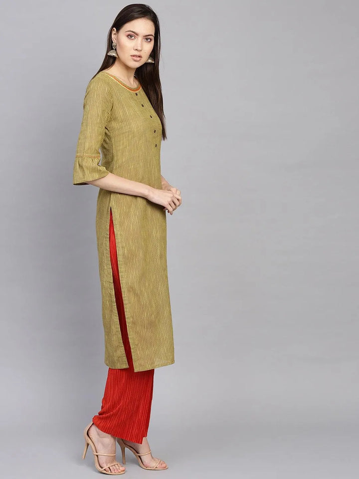 Green Striped Cotton Kurta - Libas